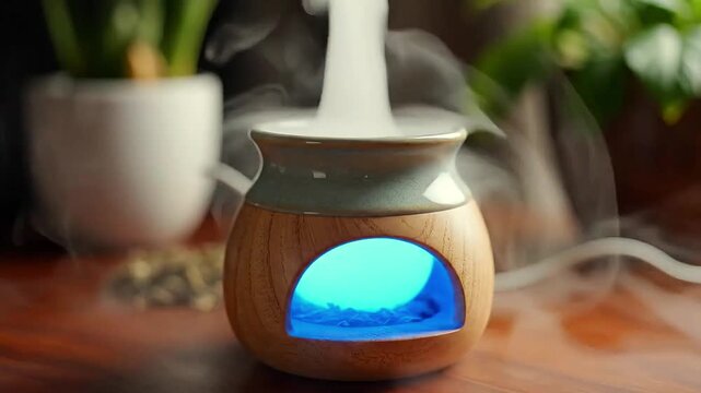 Aromatherapy diffuser emitting calming mist with soft blue light, creating a serene atmosphere.