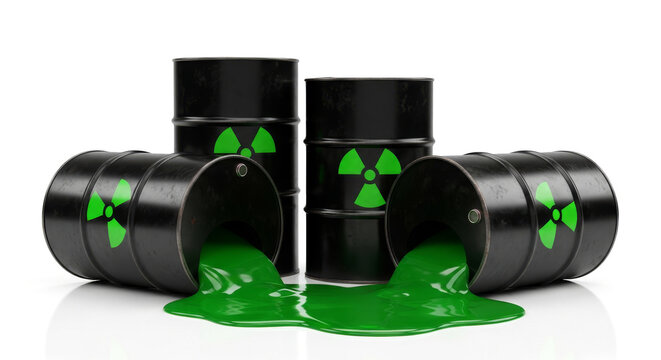 This studio shot features black barrels labeled with the radioactive symbol, leaking a vibrant green liquid, symbolizing toxic and hazardous waste. They are isolated on a reflective white surface.