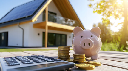 A piggy bank next to a calculator and stacks of gold coins against the backdrop of a modern private home with solar panels on the roof on a sunny day
