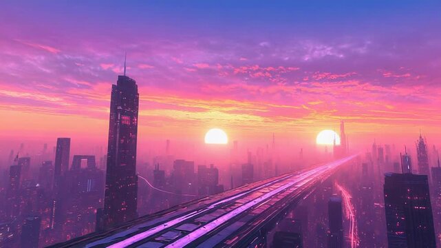 Futuristic metropolis cityscape with glowing elevated highway at sunset