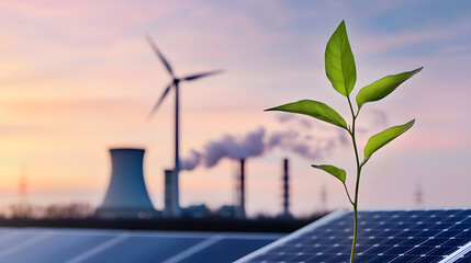 A young green plant against a backdrop of solar panels, wind turbines, an oil refinery, and a nuclear power plant - a creative concept for power generation