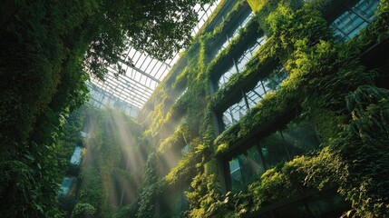 Biophilic Green Architecture Background Buildings covered in lush vertical gardens sunlight filtering through leaves eco-futurism