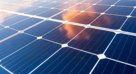 Close up shot of a dark blue solar panel array, reflecting the sky, taken at an angle on a sunny day. This highlights clean energy and sustainable technology.