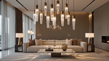 Cozy modern living room setting with plush couch, coffee table, lamps, and crackling fireplace, capturing the essence of relaxation, family bonding, and effortless modernity.