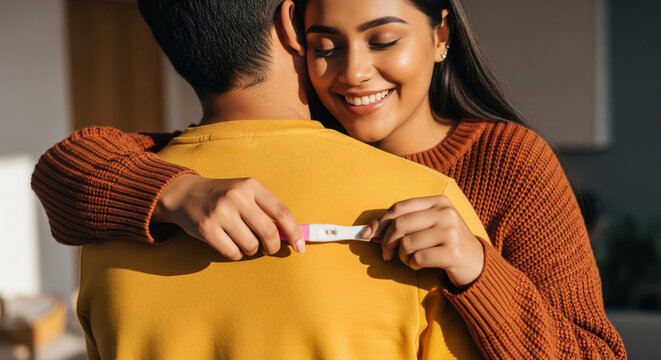 A joyful young Indian woman hugs her partner while secretly showing a positive pregnancy test behind his back