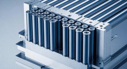 A detailed close up of silver metal cylindrical parts arranged on a metallic platform, highlighting industrial precision and modern manufacturing in a blue tone.