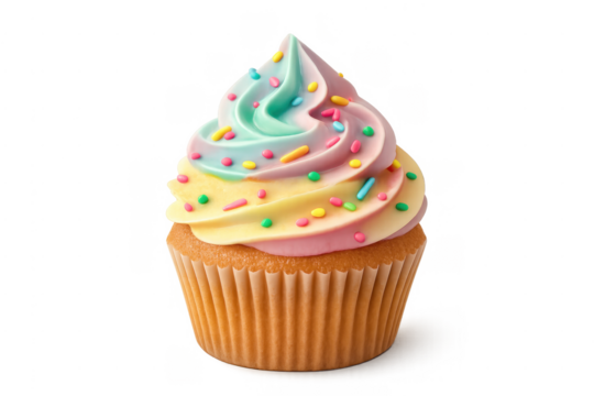 Rainbow swirl frosting cupcake with colorful sprinkles transparent background