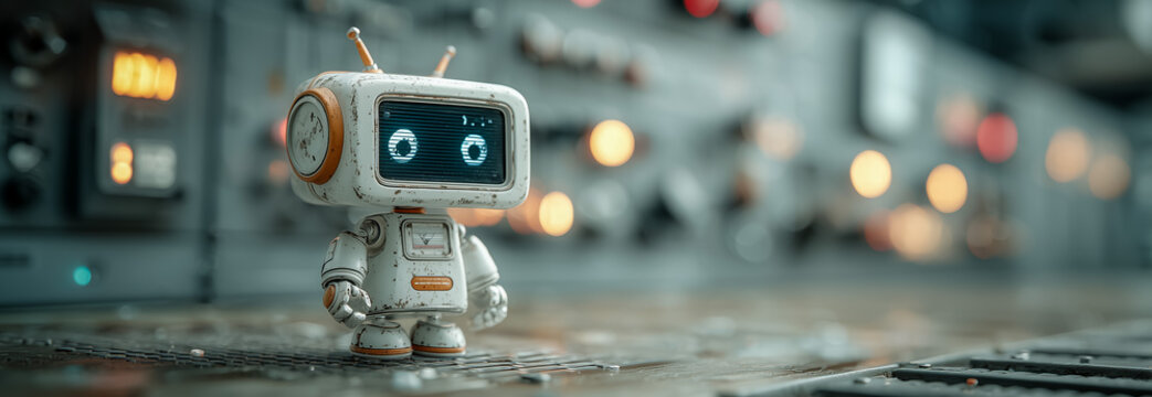 Cute retro robot standing in a futuristic control room