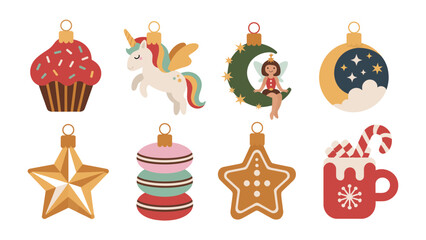 Whimsical Ornaments Array: A delightful collection of festive ornaments, each showcasing a unique and enchanting design, perfect for adding a touch of magic to the holiday season.