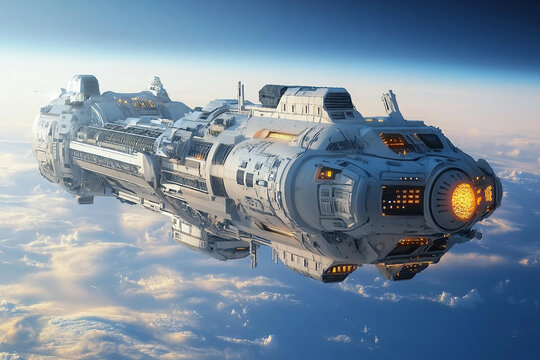 Two futuristic spaceships orbiting Earth in deep space, advanced interstellar technology concept, generative ai