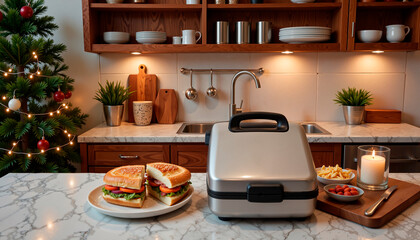 Holiday sandwich making in festive kitchen with cozy decor near Christmas tree  