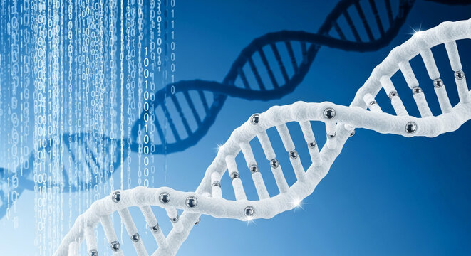 Detailed illustration of dna strands with binary code on a blue gradient backdrop, representing science, medicine and technology.
