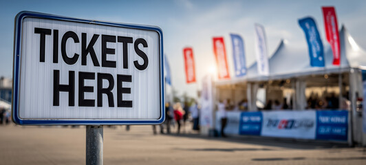 Ticket booth sign indicating tickets available at event location