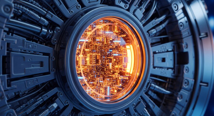 A detailed view of a futuristic machine core features a glowing orange center surrounded by intricate mechanical details and cables in blue and silver tones.