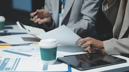 Business woman, men and night with computer, management and review in web design or teamwork. Colleagues, technology and working late on project deadline for digital agency, coworking space or office