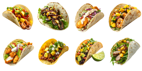 Set of delicious tacos with various fillings, isolated on a transparent background PNG