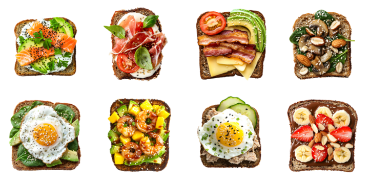 Set of delicious, healthy sandwiches isolated on a transparent background PNG