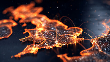 Glowing UK Digital Map with Data Nodes and Orange Network Arcs — Futuristic Fintech Visualization