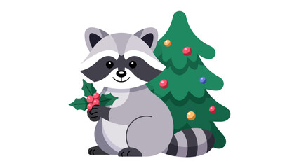 Christmas Raccoon: A charming raccoon embodies the spirit of Christmas, holding holly and standing beside a festive tree, creating a heartwarming scene of holiday cheer.