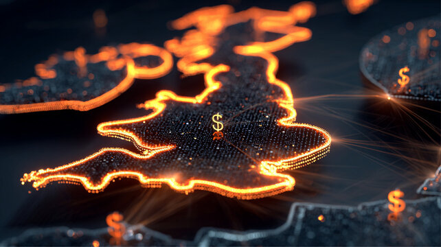 Futuristic UK digital map with glowing data nodes and orange network arcs