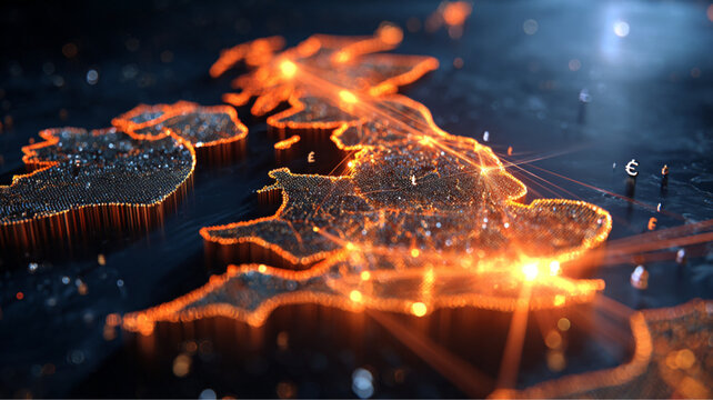 Glowing UK Digital Map with Data Nodes and Orange Network Arcs — Futuristic Fintech Visualization - Powered by Adobe