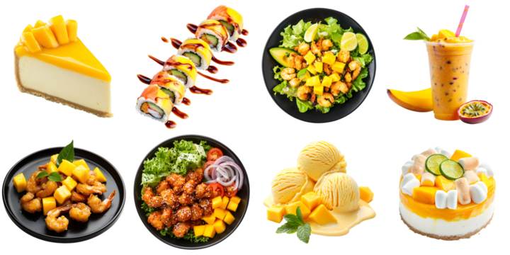 Set of different delicious food with mango: cheesecake, sushi, salad, cocktail, shrimp, ice cream, cake, isolated on a transparent background PNG