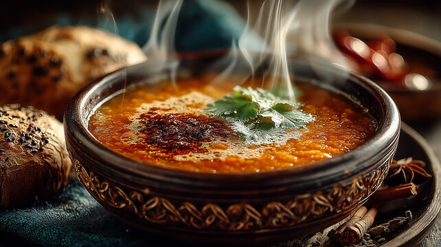 Delicious steaming soup garnished with fresh cilantro and spices