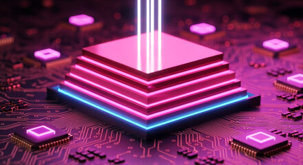 A detailed 3D render showcases a futuristic circuit board with vibrant pink and purple hues, topped with glowing white beams, epitomizing modern tech and innovation.