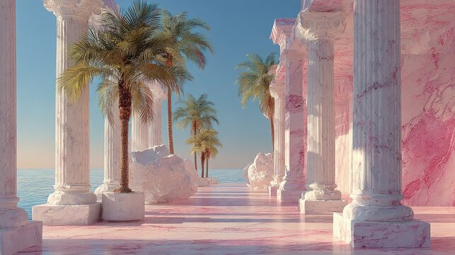 Vaporwave Architecture Abstract Palm trees fused with classical columns pink marble surfaces glitching retro-futuristic nostalgia distortion