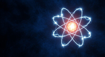 A visually striking, digitally rendered atom model featuring a glowing nucleus with orbiting electrons, set against a dark background. The design conveys scientific concepts in physics and chemistry.