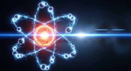 A glowing atom model is set against a deep space backdrop, highlighted by a bright blue light flare, presenting a visualization of science and technology.