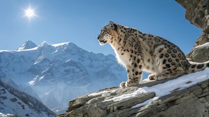 A majestic snow leopard with thick spotted fur crouching on a snow covered rock in the high snowy mountains under a bright blue sky