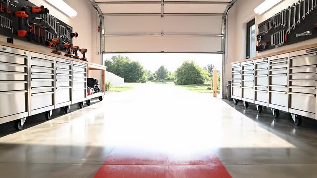 Garage workspace with red floor, rows of drawers and tools fills frame, perfect for DIY projects, handyman services or innovative entrepreneurship concepts in 4K UHD.