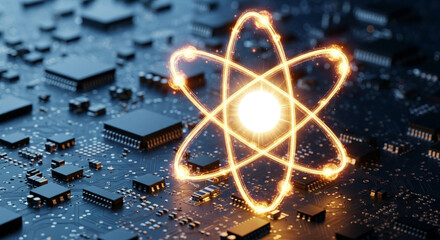 A glowing atomic symbol stands out brightly against the dark blue background of a detailed circuit board, illustrating advanced microchip technology and scientific innovation.
