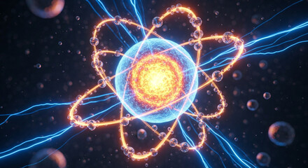 A glowing atomic structure with blue and orange energy trails orbits around a central nucleus against a dark background, symbolizing scientific and technological concepts.