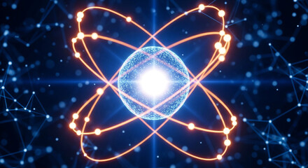 Detailed 3D model of an atom with a bright blue nucleus and glowing orange orbitals, set against a dark background of interconnected blue network dots, representing scientific research.