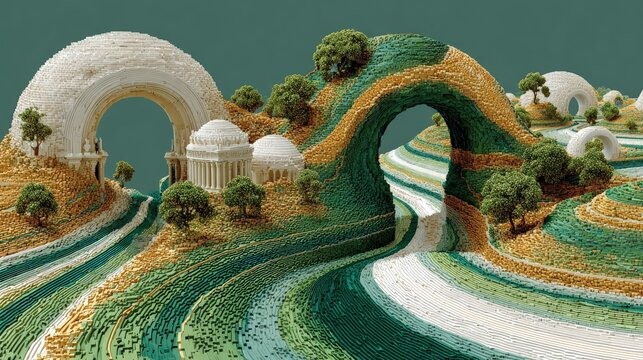 Surreal abstract background architecture lines bending gravity floating islands dreamlike fantasy landscape