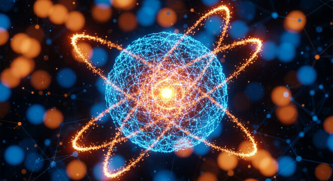 A mesmerizing abstract digital rendering of a glowing blue particle atom with bright orange orbital rings against a dark background filled with soft orange bokeh.