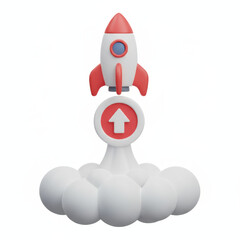 3d rocket launch icon with financial growth arrow, minimal white cloud base, playful feel