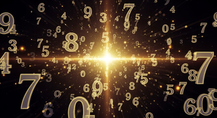 Golden Numerals Floating in a Cosmic Swirl with Light Streaks and Sparkling Particles on Dark Background