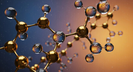 Detailed 3D rendering of a golden molecular structure with glass-like spherical atoms against a smooth gradient background. Illustrates science, technology, and network connections.
