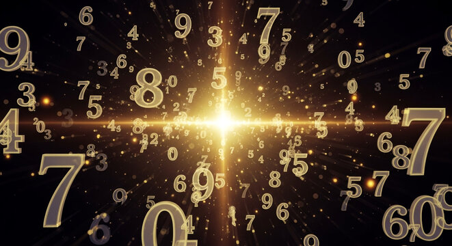 Golden Numerals Floating in a Cosmic Swirl with Light Streaks and Sparkling Particles on Dark Background - Powered by Adobe