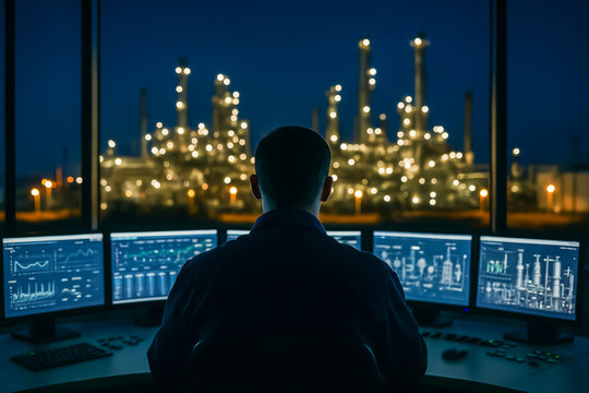 Man monitoring operations in control room overlooking a refinery