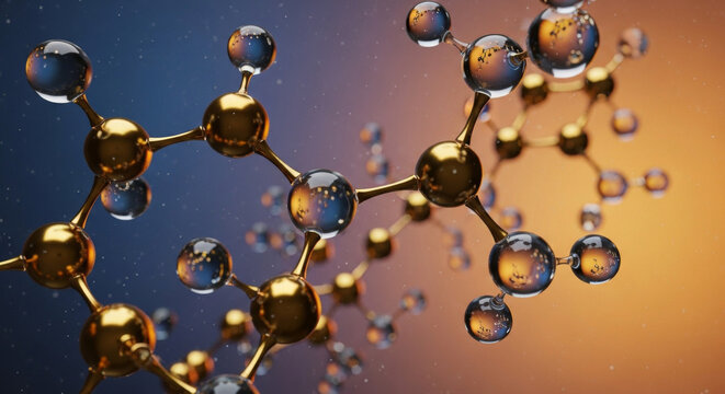 Detailed 3D rendering of a golden molecular structure with glass-like spherical atoms against a smooth gradient background. Illustrates science, technology, and network connections. - Powered by Adobe