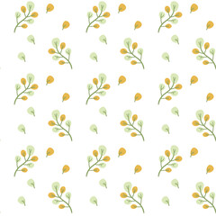 Seamless pattern of assorted leaves in a clean and modern style. Soft natural leaf shapes arranged in a repeating pattern, simple details, harmonious colors. High-quality JPG suitable for wallpaper, 