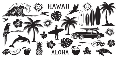 Hawaiian Island Icons: A collection of meticulously crafted silhouettes that represent the essence of Hawaii, showcasing the allure of surf, sun, and sand, perfect for various design projects