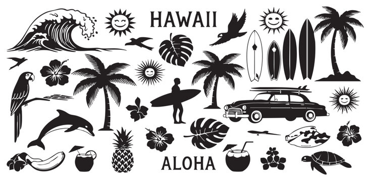 Hawaiian Island Icons: A collection of meticulously crafted silhouettes that represent the essence of Hawaii, showcasing the allure of surf, sun, and sand, perfect for various design projects