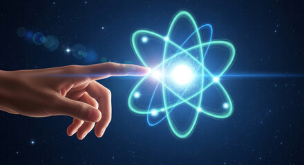 A hand gently touches a glowing atom model set against a blue nebula and cosmic background, symbolizing science and technology, and representing energy, research and futuristic concepts.