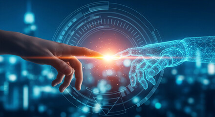 A human hand reaches out to touch a digital hand within a holographic blue interface, set against a blurred cityscape backdrop, symbolizing future connectivity.