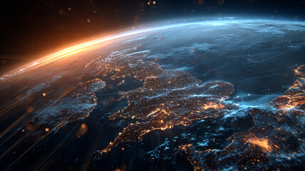Digital Earth from Space Highlighting UK and Europe with Glowing City Lights and Network Connections
